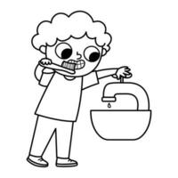 Black and white boy saving water icon. Cute line eco friendly kid. Child turning of the water tap while brushing teeth. Earth day or healthy lifestyle concept or coloring page vector
