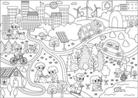 vector negro y blanco eco ciudad escena. ecológico pueblo línea paisaje con alternativa transporte, energía concepto. verde ciudad ilustración con niños cuidando de ambiente. tierra día colorante página