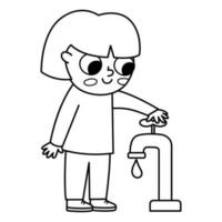 Black and white girl saving water icon. Cute line eco friendly kid. Child turning of the water tap. Earth day or healthy lifestyle concept or coloring page vector