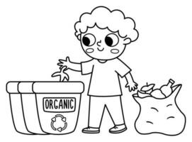 Cute black and white eco friendly kid sorting waste. Boy caring of environment, sorting out rubbish. Line Earth day illustration. Ecological vector concept or coloring page with child picking up trash