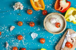 Food ingredients, Rice flour in a wooden plate photo