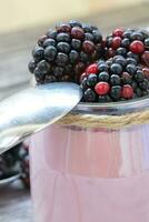 Homemade blackberry yogurt. Closeup photo