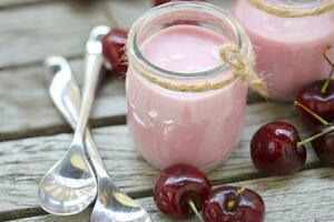 Natural homemade cherry yogurt. Closeup photo