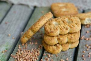 Buckwheat biscuits on a wooden surface. Closeup photo