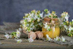 Chestnut honey on a wooden surface. photo