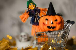 Witch and orange pumpkin in black hat in the small shopping cart. Closeup photo