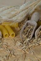 Rye grains in wooden spoons. photo