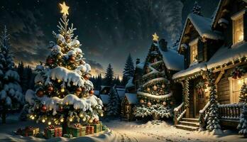 al aire libre Navidad decoraciones y un hermosamente decorado Navidad árbol ai generado foto