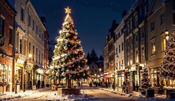 al aire libre Navidad decoraciones y un hermosamente decorado Navidad árbol ai generado foto