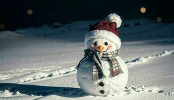 un alegre Navidad antecedentes bandera con un riendo monigote de nieve ai generado foto