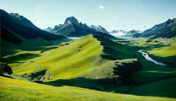 A Serene View of Mountain Landscapes, Flowers, and Sunlight photo