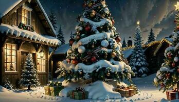 al aire libre Navidad decoraciones y un hermosamente decorado Navidad árbol ai generado foto