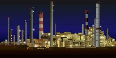 Night industrial plant. Night factory. Night at the processing plant. Industrial complex. Vector illustration