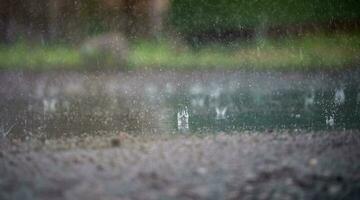 rain falls to the ground. Splashes and puddles closeup photo