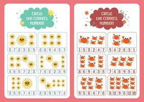 flat design vector cute colorful find the correct number counting for kids activity printable