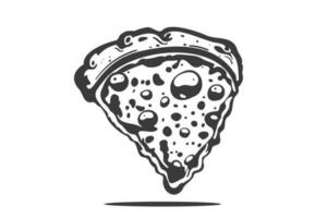 Pizza slice with melted cheese and pepperoni. Vector cartoon sticker in comic style with contour. Design element food for greeting card, poster, print for clothes, emblem.