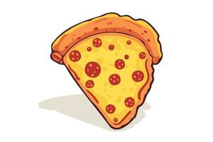 Pizza slice with melted cheese and pepperoni. Vector cartoon sticker in comic style with contour. Design element food for greeting card, poster, print for clothes, emblem.