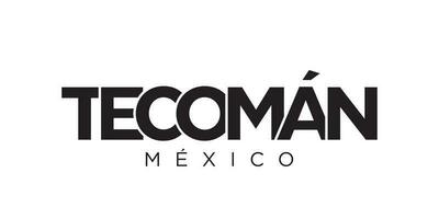 Tecoman in the Mexico emblem. The design features a geometric style, vector illustration with bold typography in a modern font. The graphic slogan lettering.