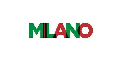Milano in the Italia emblem. The design features a geometric style, vector illustration with bold typography in a modern font. The graphic slogan lettering.