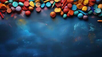 Chalks on a table, top view, realistic, Bright color. photo