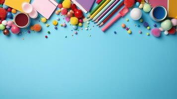 Back to school background with school supplies, View from above. photo