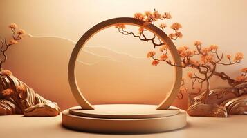 Podium on sand background display with sunshade and shadow on the background. photo