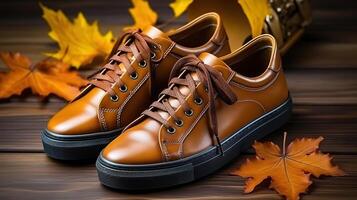 Top view shot of brown boots and leaves in the ground. photo