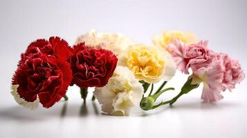 An arrangement of red and white carnations in the shape of a heart. photo