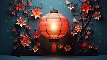 A background with orange lanterns and leaves on a tree. photo