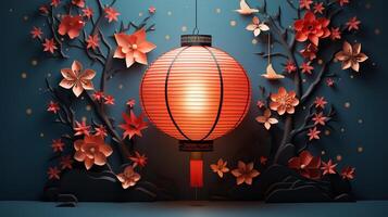 A background with orange lanterns and leaves on a tree. Generative Ai photo