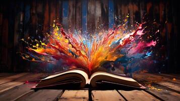 An open book on a wooden table with a fairy light coming out of it and a fairy. photo