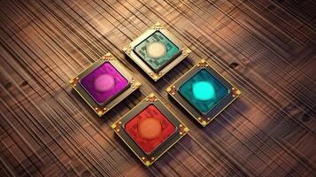 CPU chip isometric view, top view, Mix color, on the wood Background. photo