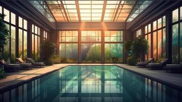 Indoor pool in private villa overlooking evening park behind windows. photo