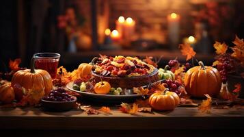 Thanksgiving festive table composition with roasted turkey. photo