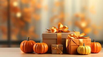 Autumn decoration background with pumpkin, orange leaves, gift box. photo