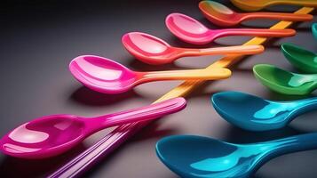 Different colored plastic spoons. photo