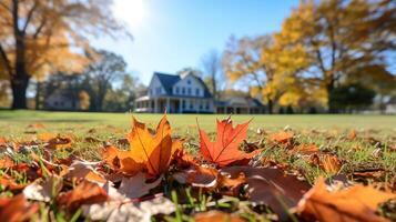 Yellow fallen maple leaves in a park on autumn. photo