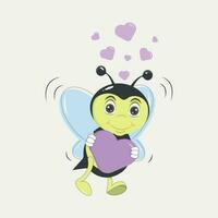 Graphic vector illustration of a bee in love with a heart in its hands on a gray background.