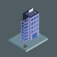 Graphic vector isometric illustration of a hotel building in purple color on the lawn and sakura growing nearby on a dark background.