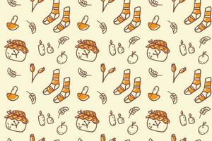 Pattern, background from a set of autumn elements, mushrooms, leaves, plants, candles and socks. Autumn doodle is a seamless pattern on a white background. vector