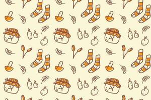 Pattern, background from a set of autumn elements, mushrooms, leaves, plants, candles and socks. Autumn doodle is a seamless pattern on a white background. vector