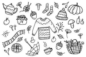 Doodle collection of autumn elements. Leaves, mushrooms, autumn clothes. Doodle set autumn collection of elements in black and white isolated on a white background. vector