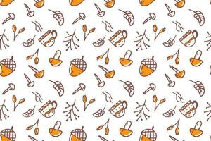 Pattern, background from a set of autumn elements, mushrooms, leaves, acorn. Autumn doodle is a seamless pattern on a white background. vector