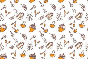 Pattern, background from a set of autumn elements, mushrooms, leaves, acorn. Autumn doodle is a seamless pattern on a white background. vector