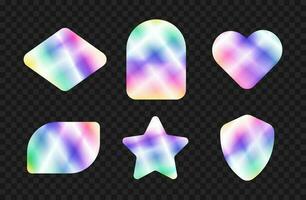 Holographic Y2K vector stickers in different shapes - heart, rhombus and star, shield and arch. Isolated glowing rainbow label templates on black