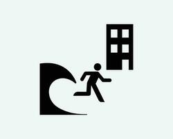 Tsunami Evacuation Building Shelter Safety Running Run Black White Silhouette Sign Symbol Icon Clipart Graphic Artwork Pictogram Illustration Vector