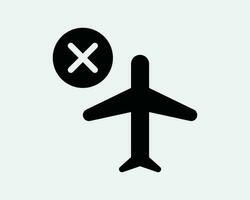 vuelo cancelado avión negro y blanco icono. avión error problema firmar vector. avión aeropuerto cerca símbolo ilustración obra de arte aire avión aeronave advertencia clipart vector