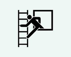 Emergency Window Escape Ladder Man Fire Evacuation Black White Silhouette Sign Symbol Icon Graphic Clipart Artwork Illustration Pictogram Vector