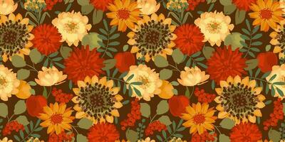 Floral seamless pattern with autumn flowers, leaves and apples. Vector background for various surface. Hand drawn textures.