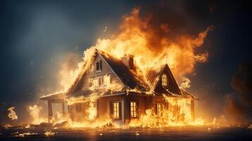 House fire concept, Toy house with flames. photo